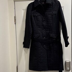 Express Belted Quilted Long Coat in Black — Classic Button Front